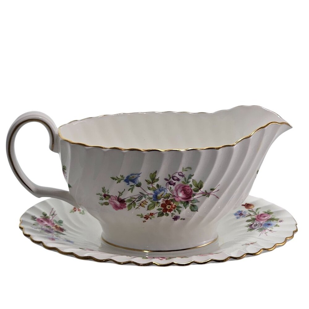 Minton Marlow Floral Gravy Boat Attached Underplate vtg Globe backstamp1950s ros
